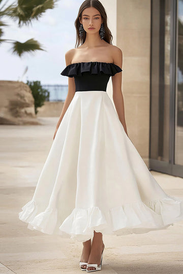 White and Black Satin A Line Strapless Ruffled Long Formal Dress